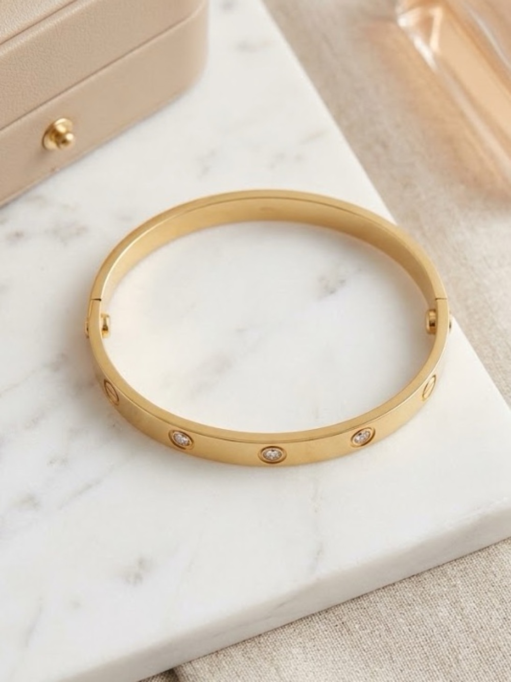Gold Tone Screw Engraved Hinged Bangle Bracelet | Sparkle Accents | 7.5"